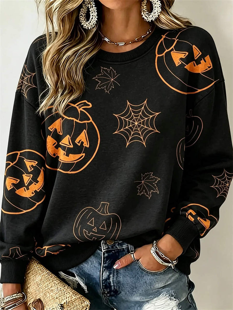Women's Halloween Black Pumpkin Maple Round Neck Long Sleeve Sweatshirt