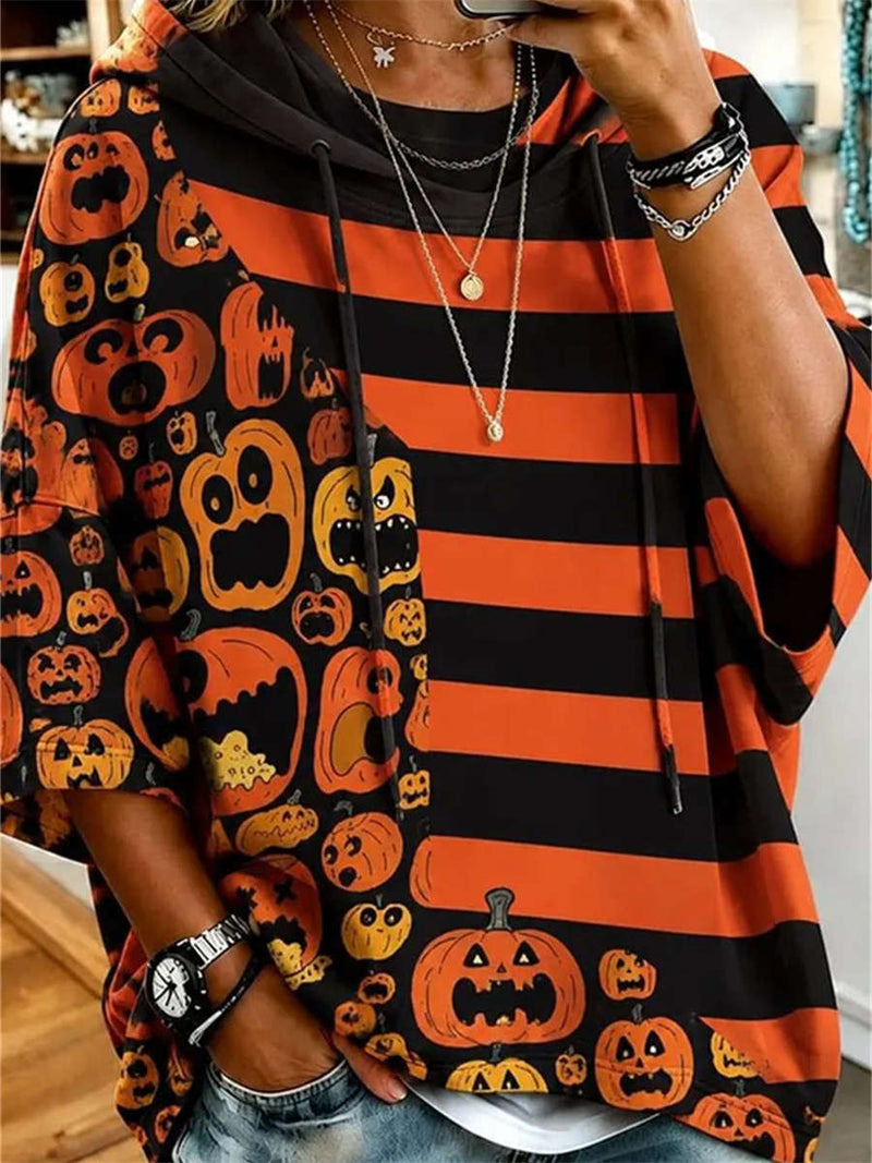 Women's Halloween Orange Pumpkin Stripe Hooded Hoodie