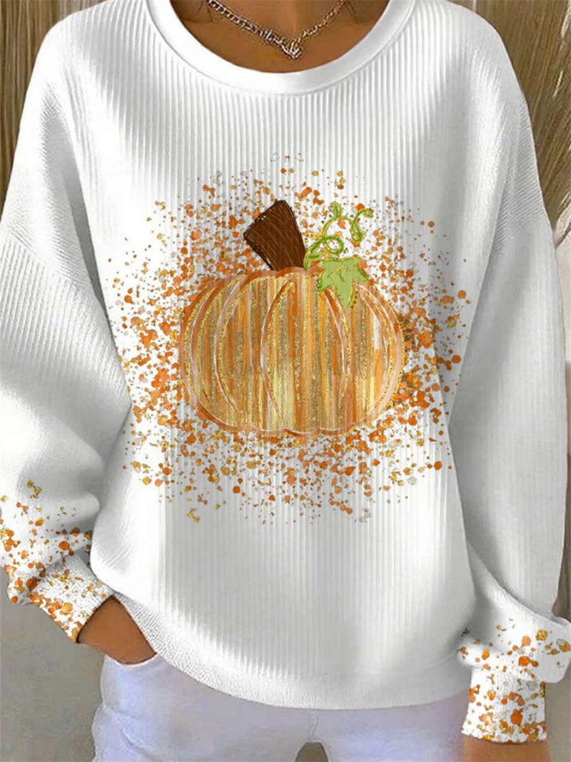 Women's Halloween White Pumpkin Print Round Neck Long Sleeve Sweatshirt