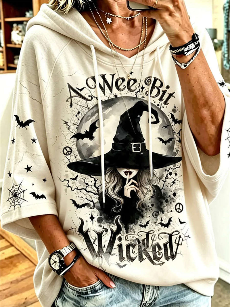 Women's Halloween Beige Witch Moon Print Hooded Short Sleeve Hoodie