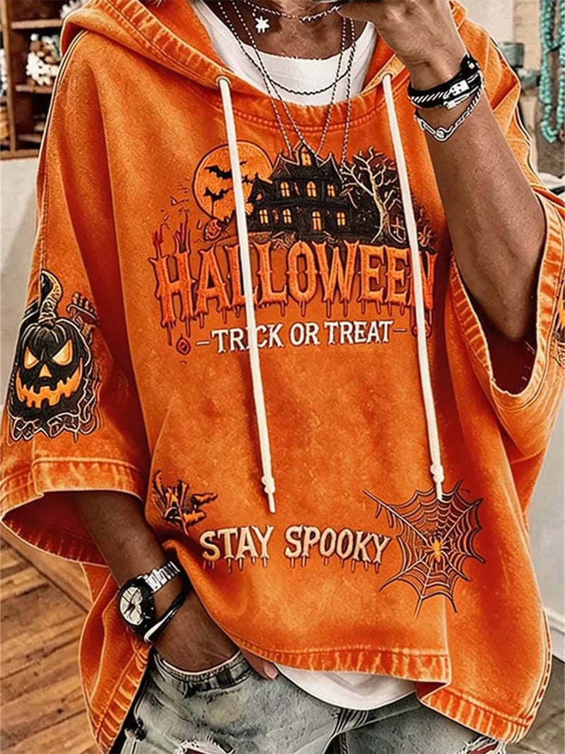 Women's Halloween Orange Haunted House Print Hooded Short Sleeve Hoodie