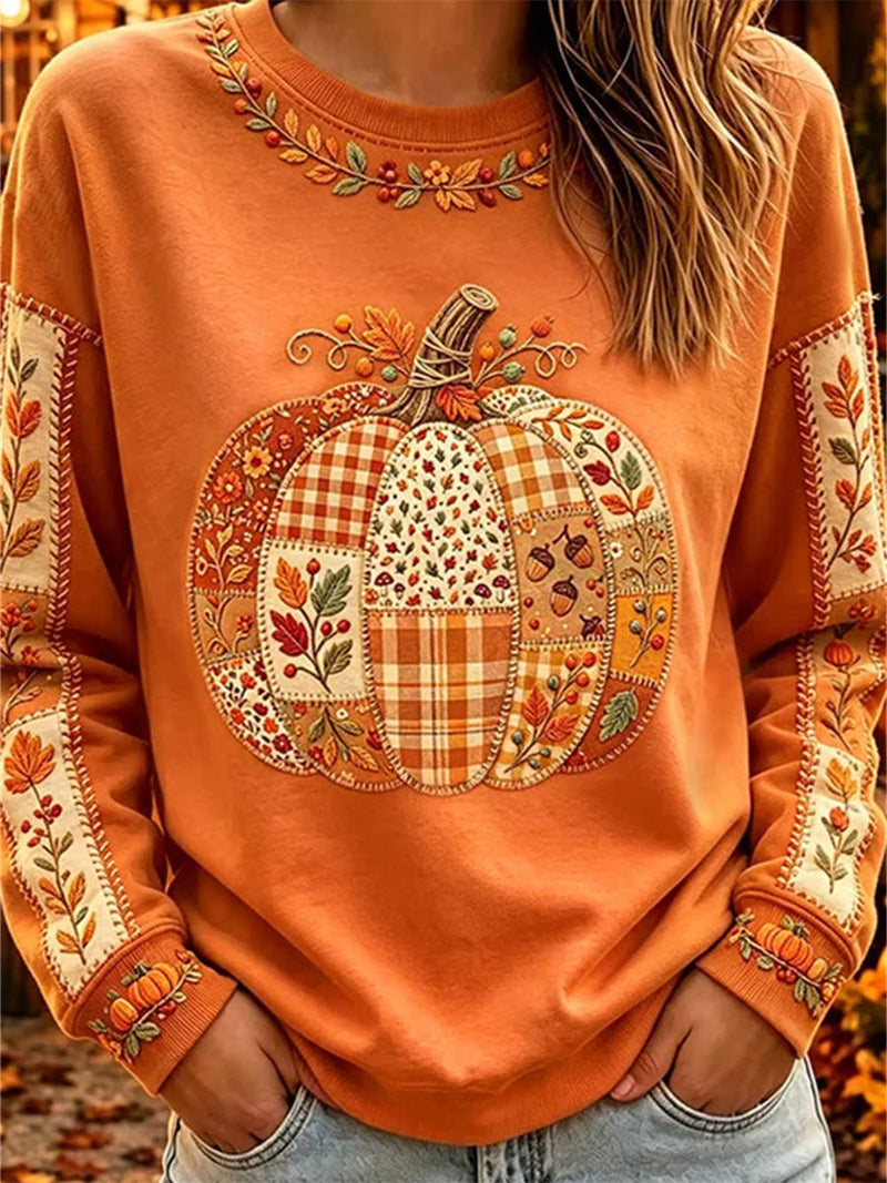 Women's Halloween Orange Patchwork Pumpkin Print Round Neck Long Sleeve Sweatshirt