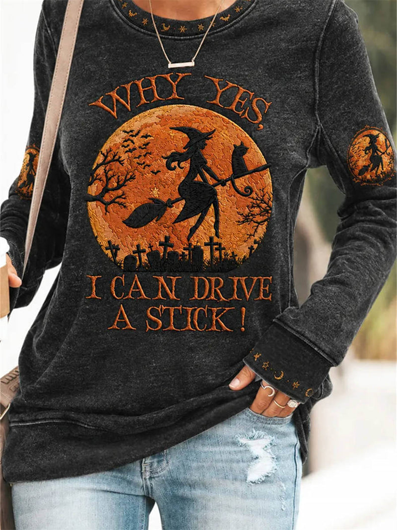 Women's Halloween Black Witch Moon Print Round Neck Long Sleeve Sweatshirt