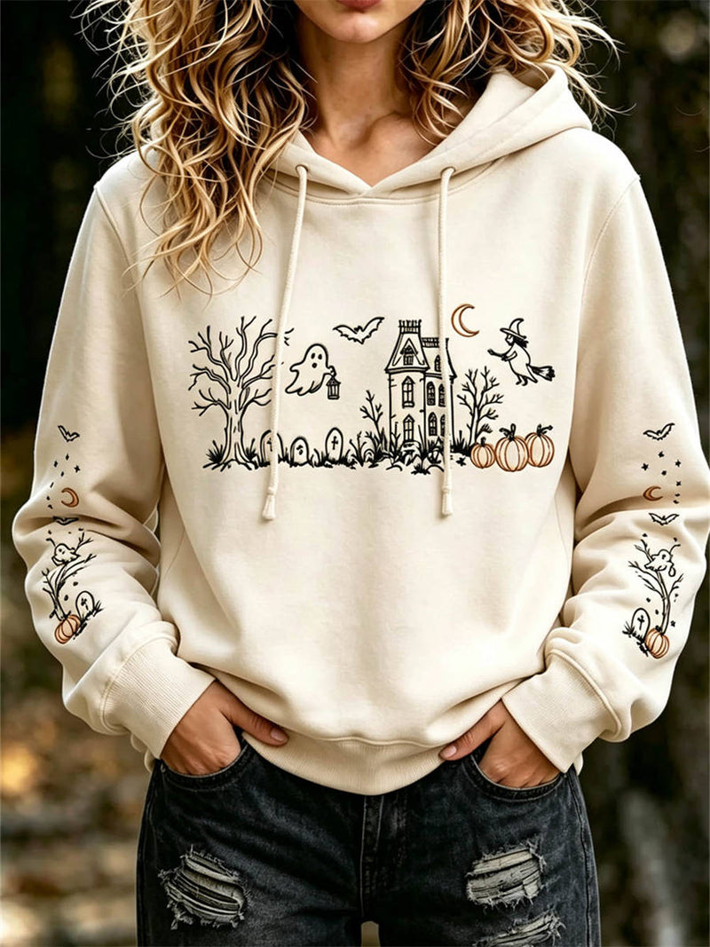 Women's Halloween Beige Haunted House Print Hooded Long Sleeve Hoodie