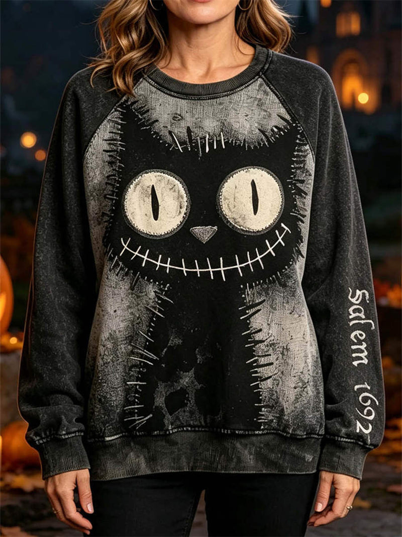 Women's Halloween Black Cat Stitch Print Round Neck Long Sleeve Sweatshirt