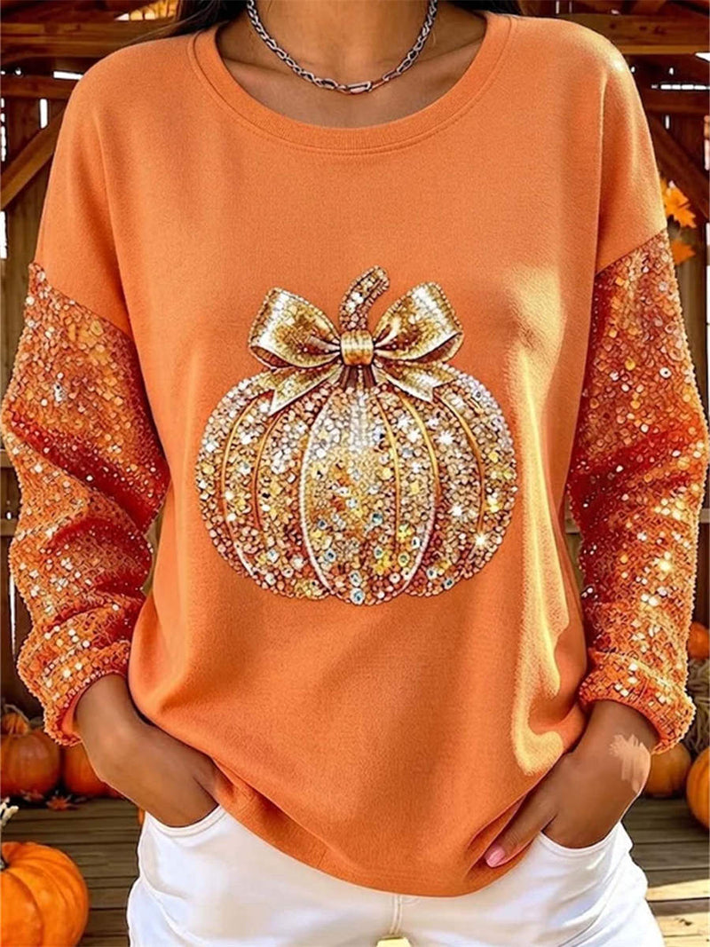 Women's Halloween Orange Pumpkin Bow Print Round Neck Long Sleeve Sweatshirt