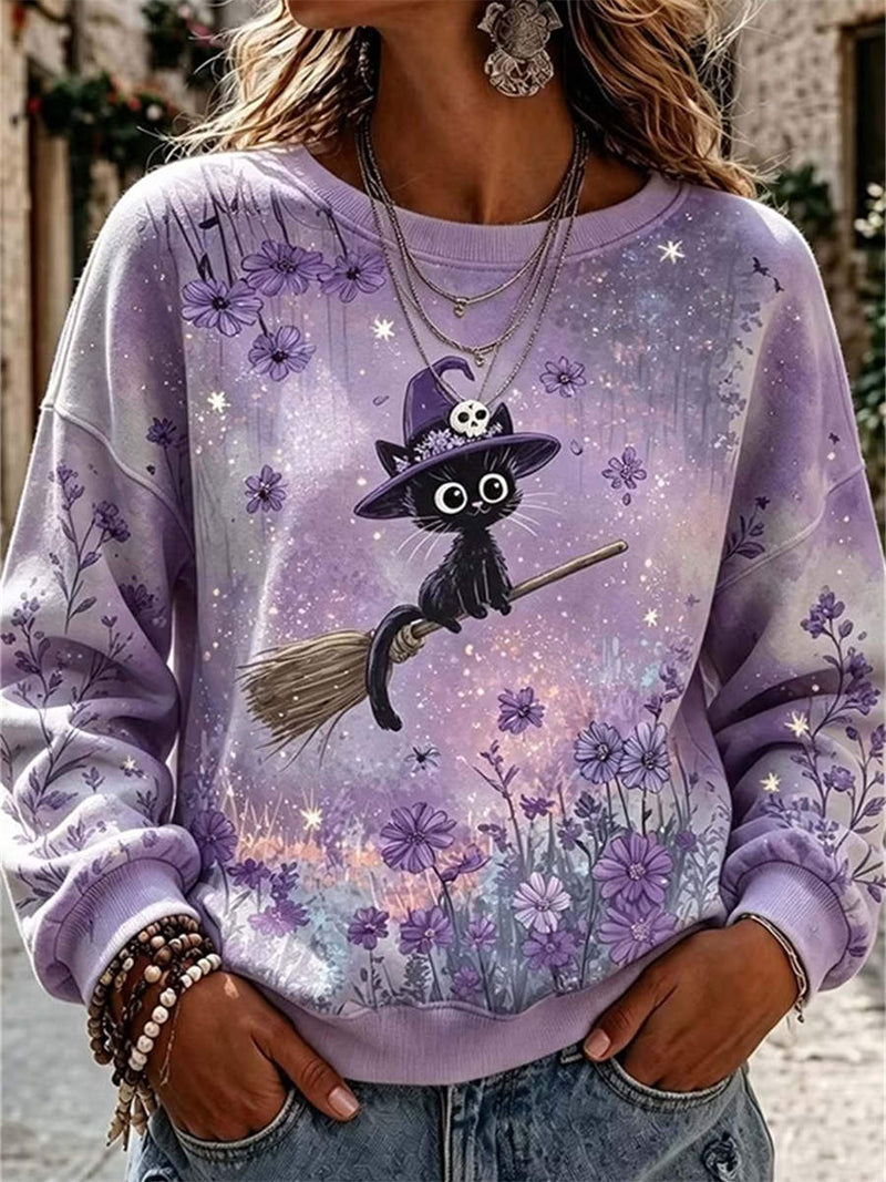 Women's Halloween Purple Witch Cat Floral Print Round Neck Long Sleeve Sweatshirt