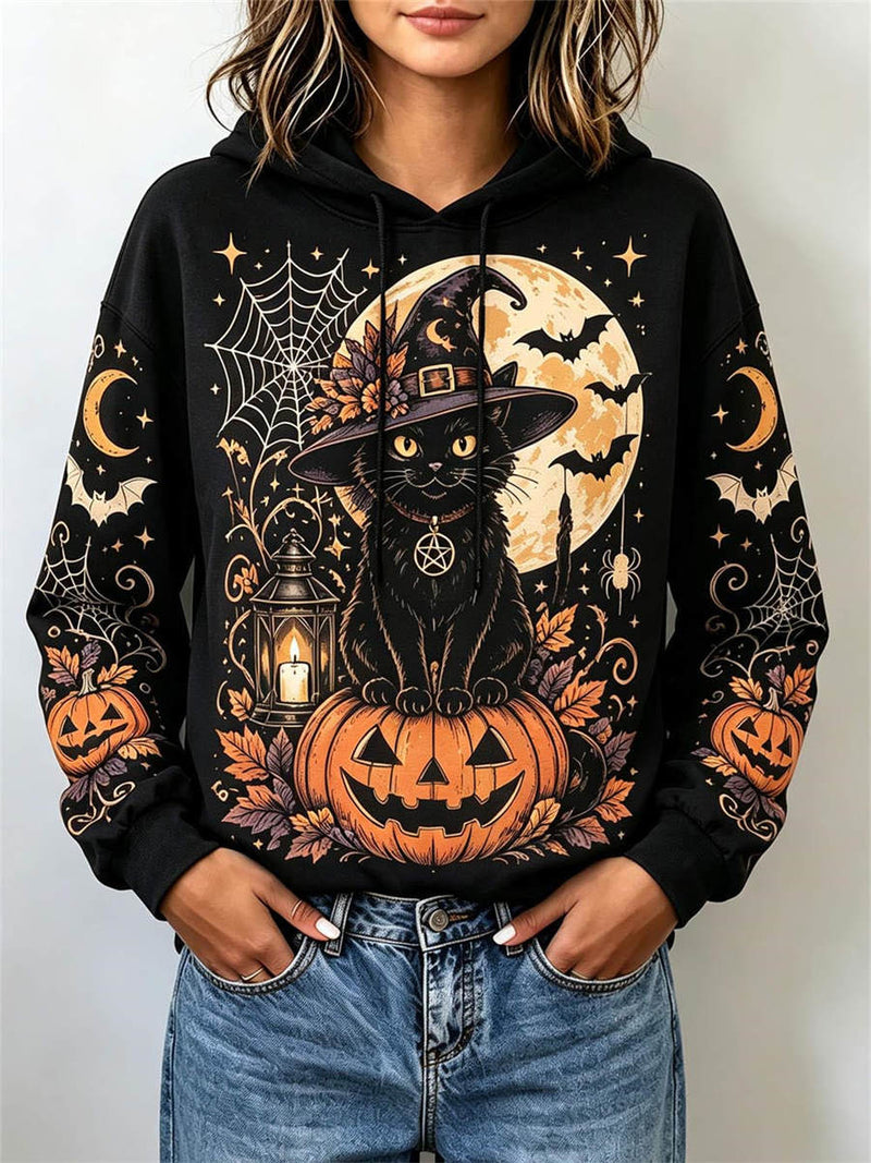 Women's Halloween Black Cat Witch Hat Print Hooded Long Sleeve Hoodie