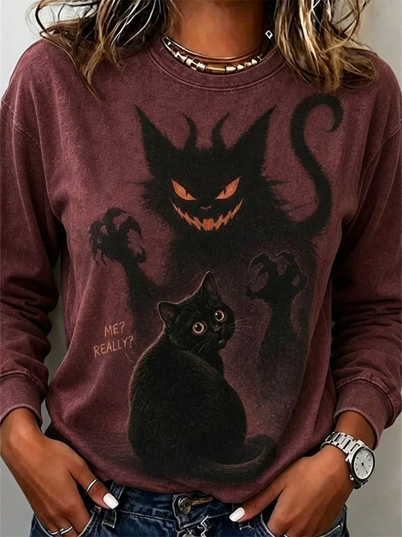 Women's Halloween Burgundy Cat Shadow Print Round Neck Long Sleeve Sweatshirt