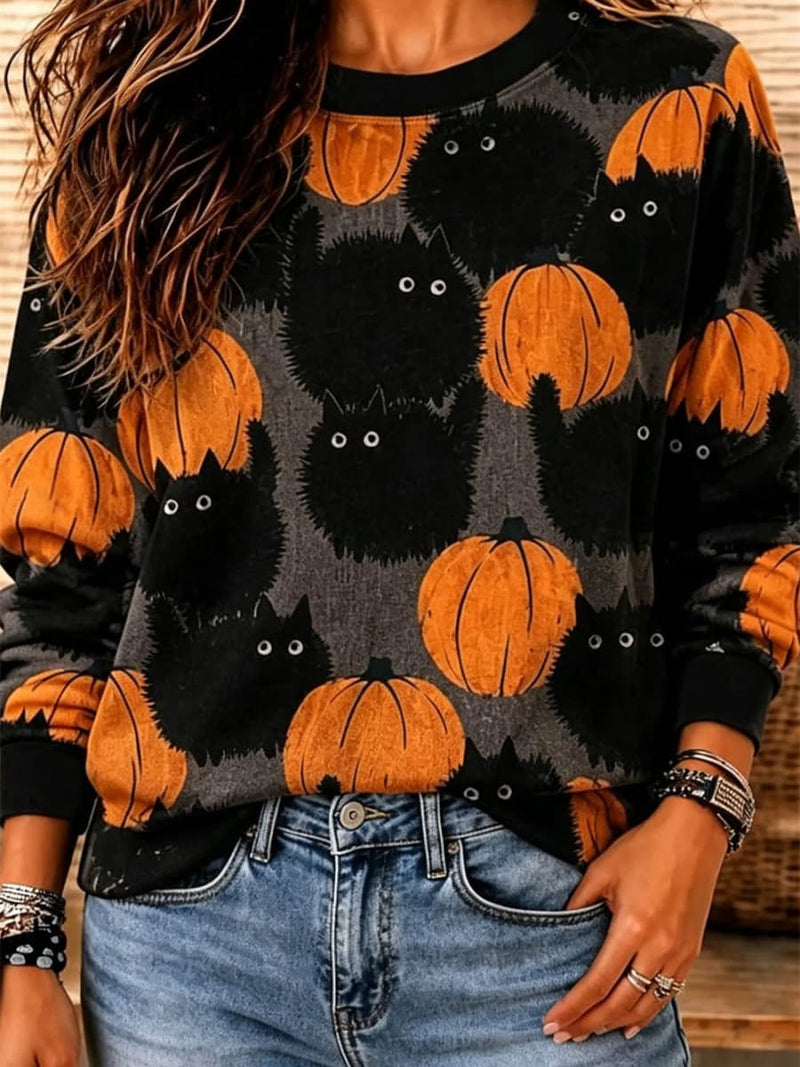 Women's Halloween Grey Cat Pumpkin Print Round Neck Long Sleeve Sweatshirt