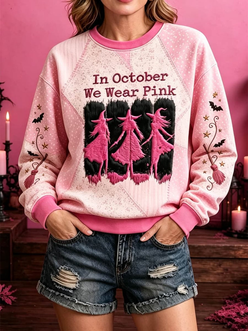 Women's Halloween Pink Witch Print Round Neck Long Sleeve Sweatshirt