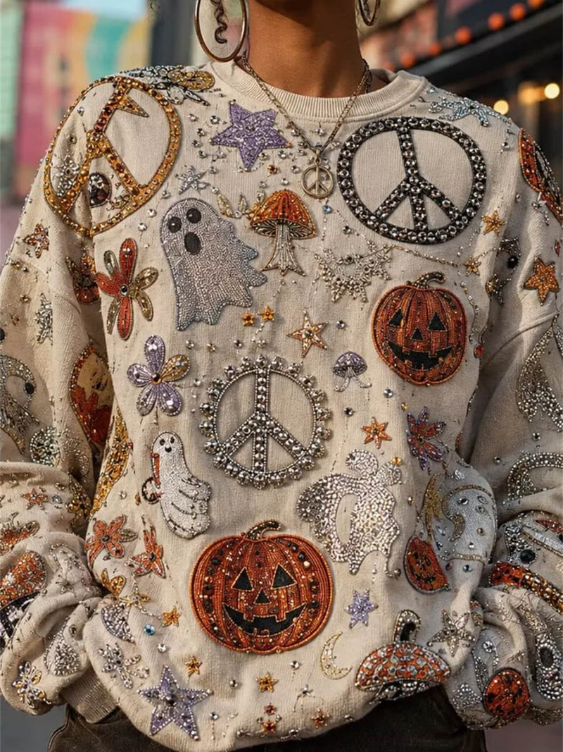 Women's Halloween Beige Peace Sign Print Round Neck Long Sleeve Sweatshirt