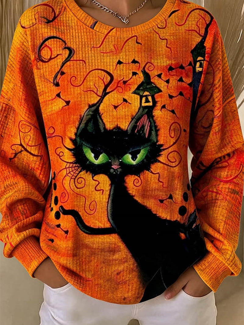 Women's Halloween Orange Black Cat Print Round Neck Long Sleeve Sweatshirt