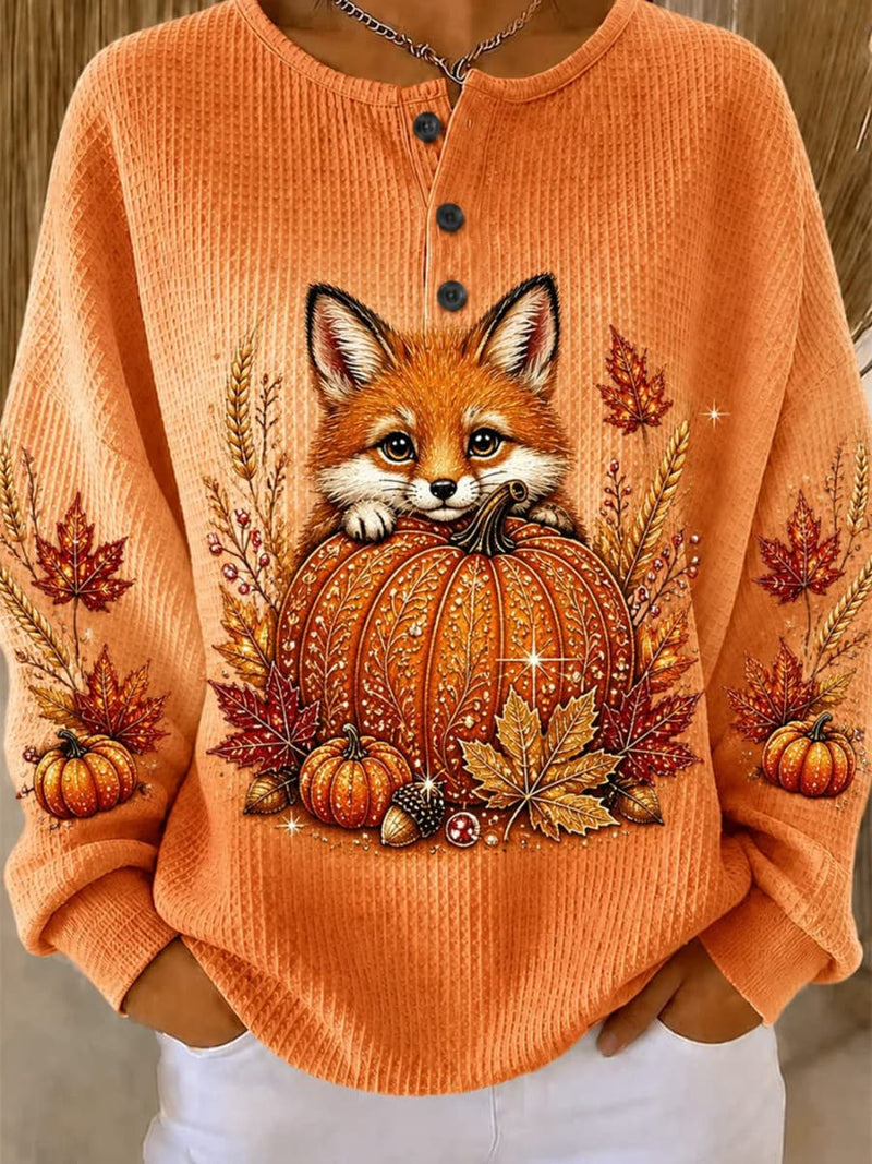 Women's Halloween Orange Fox Pumpkin Print Henley Neck Long Sleeve Sweatshirt
