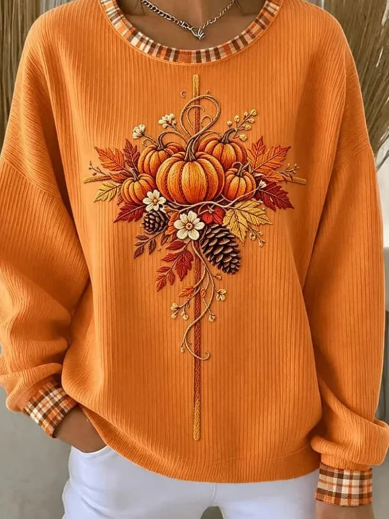 Women's Halloween Orange Pumpkin Leaf Print Round Neck Long Sleeve Sweatshirt