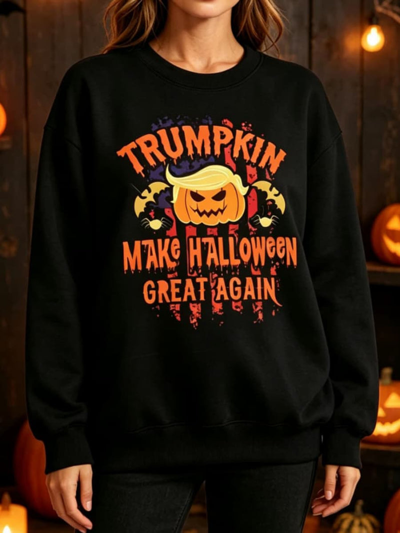 Women's Halloween Black Trumpkin Print Round Neck Long Sleeve Sweatshirt