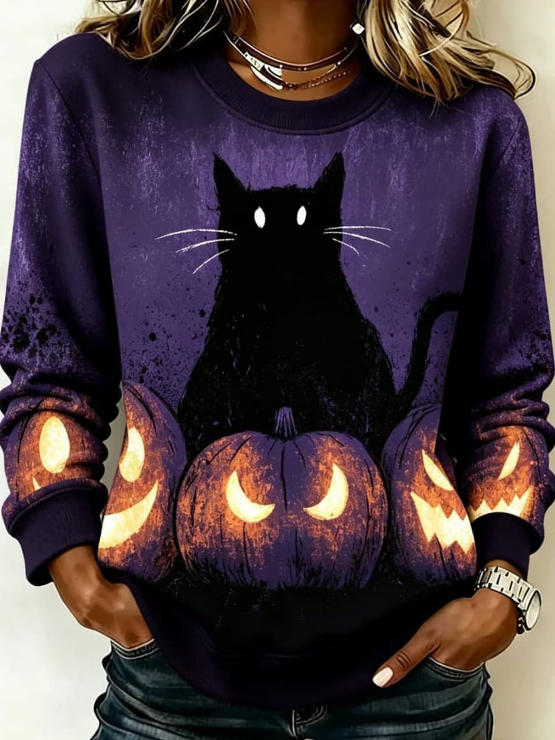 Women's Halloween Purple Cat Pumpkin Print Round Neck Long Sleeve Sweatshirt