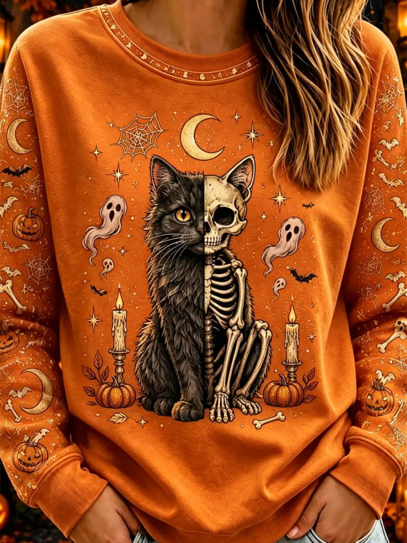 Women's Halloween Orange Cat Skeleton Print Round Neck Long Sleeve Sweatshirt