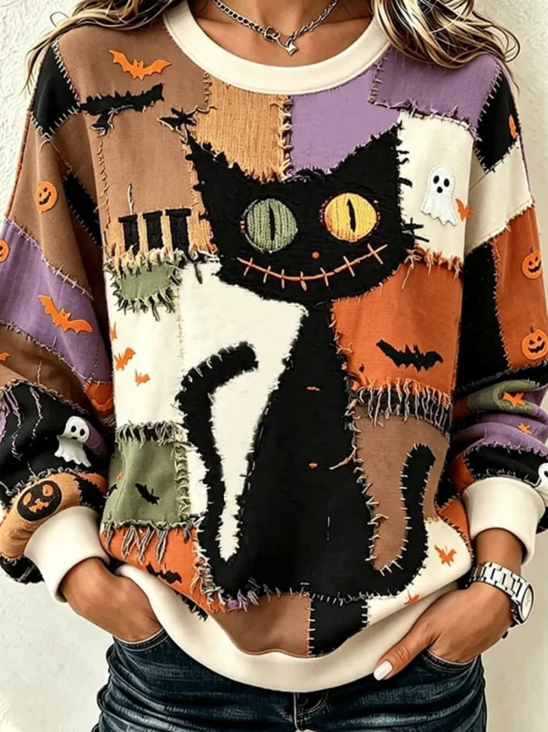 Women's Halloween Multi Cat Patchwork Print Round Neck Long Sleeve Sweatshirt