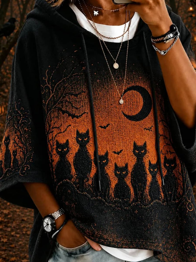 Women's Halloween Black Cat Moon Print Hooded Short Sleeve Hoodie