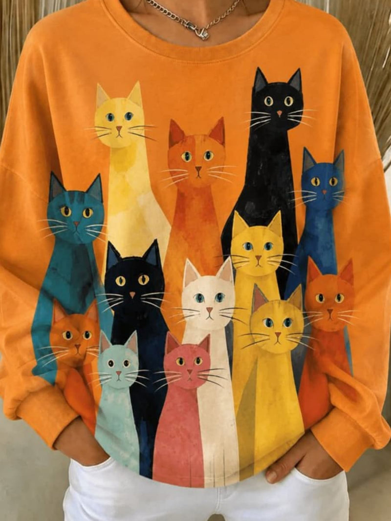 Women's Orange Cat Print Round Neck Long Sleeve Sweatshirt