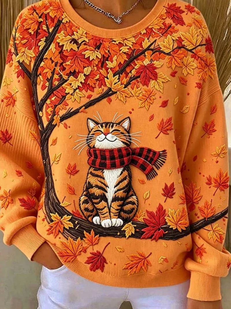 Women's Orange Cat Scarf Leaf Print Round Neck Long Sleeve Sweatshirt