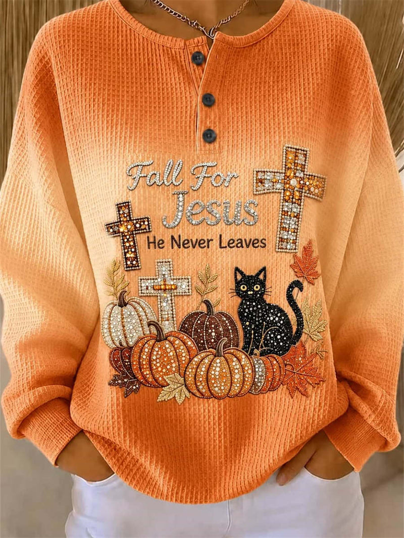 Women's Halloween Orange Jesus Cross Print Henley Neck Long Sleeve Sweatshirt