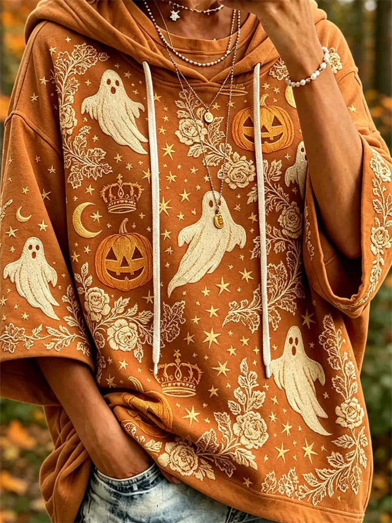 Women's Halloween Brown Ghost Pumpkin Print Hooded Short Sleeve Hoodie