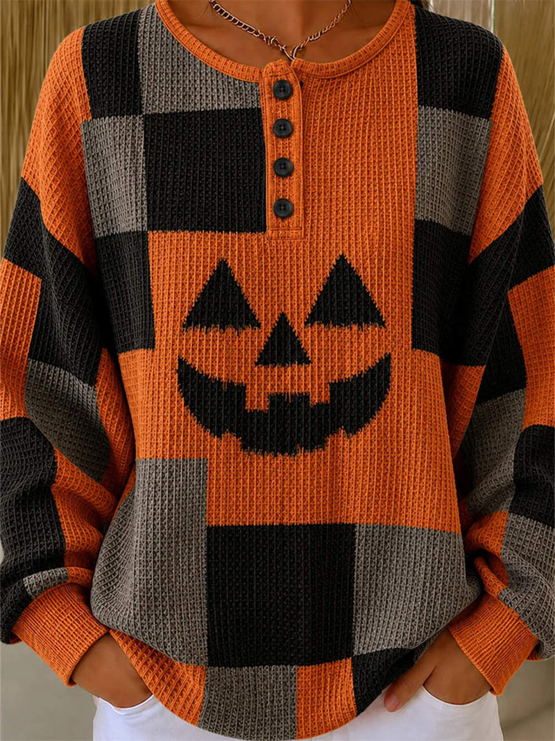 Women's Halloween Orange Black Pumpkin Print Henley Neck Long Sleeve Sweatshirt