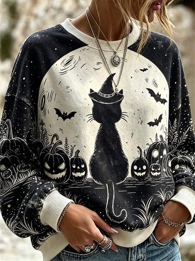 Women's Halloween Black White Cat Witch Print Round Neck Long Sleeve Sweatshirt