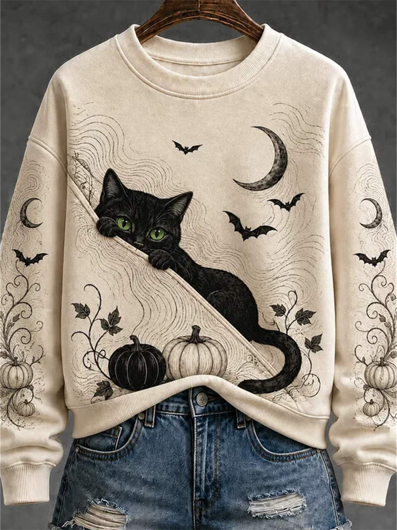 Women's Halloween Beige Cat Pumpkin Print Round Neck Long Sleeve Sweatshirt
