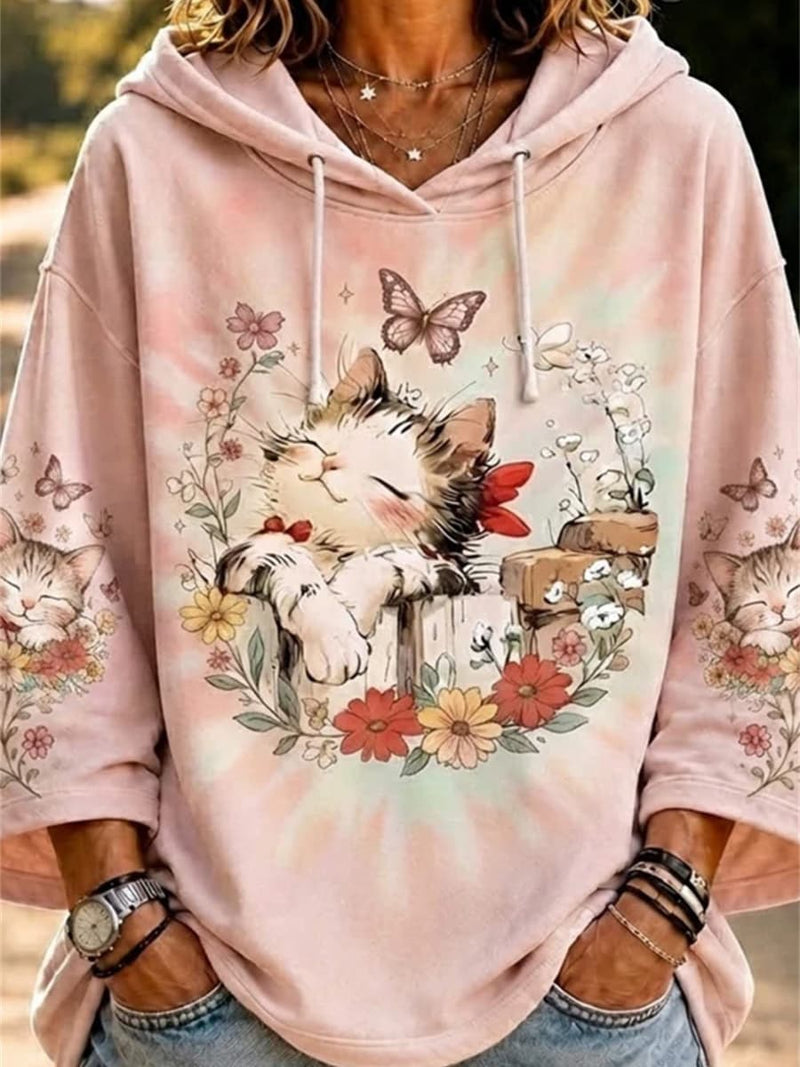 Women's Pink Cat Floral Print Hooded Short Sleeve Hoodie