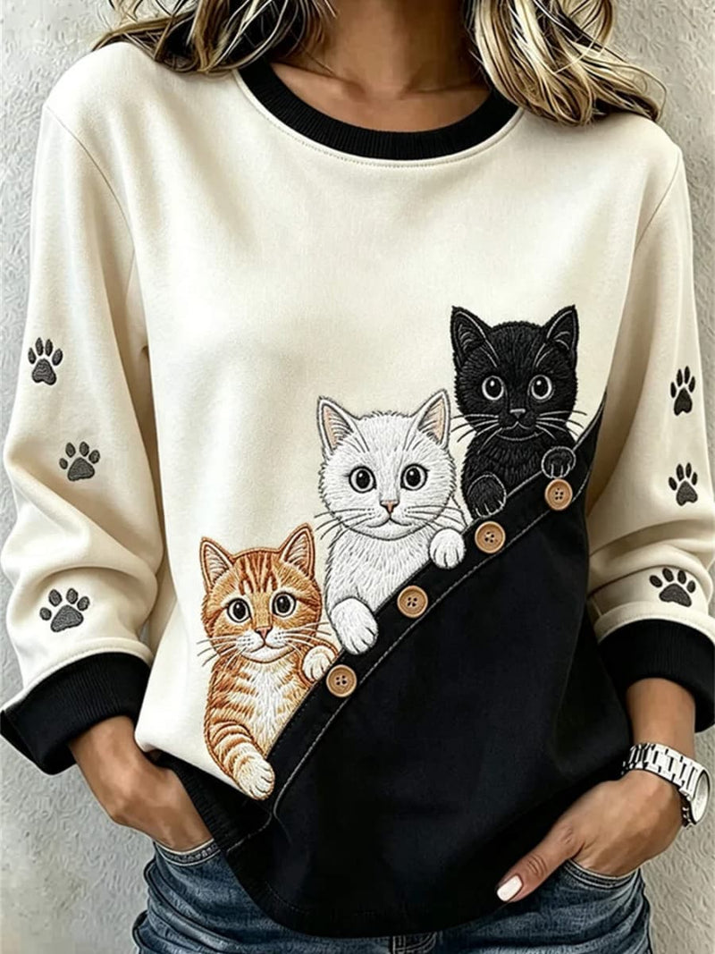 Women's Multi Cat Print Round Neck Long Sleeve Sweatshirt