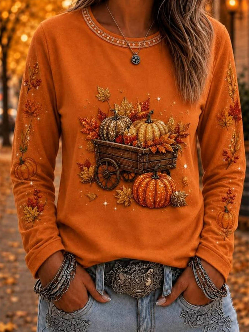 Women's Halloween Orange Pumpkin Cart Print Round Neck Long Sleeve Sweatshirt