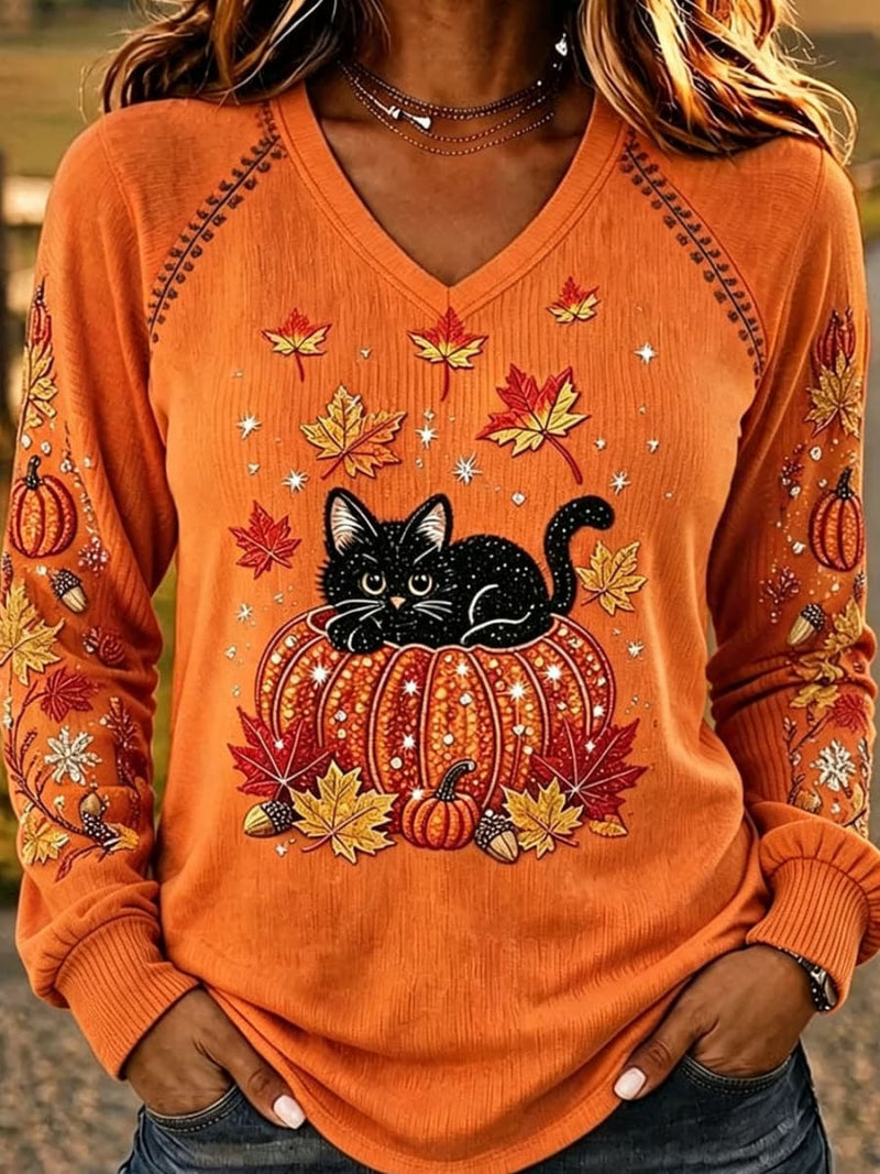 Women's Halloween Orange Cat Leaf Print V Neck Long Sleeve Sweatshirt
