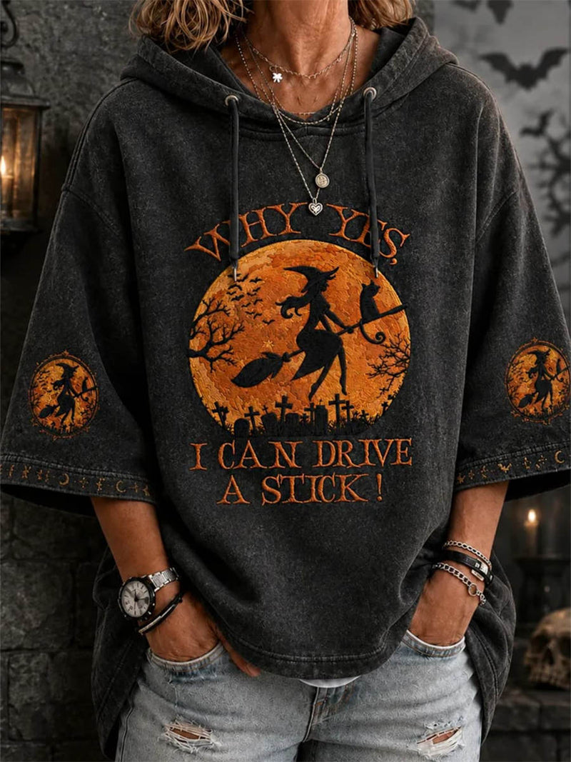 Women's Halloween Black Witch Moon Print Hooded 3/4 Sleeve Hoodie