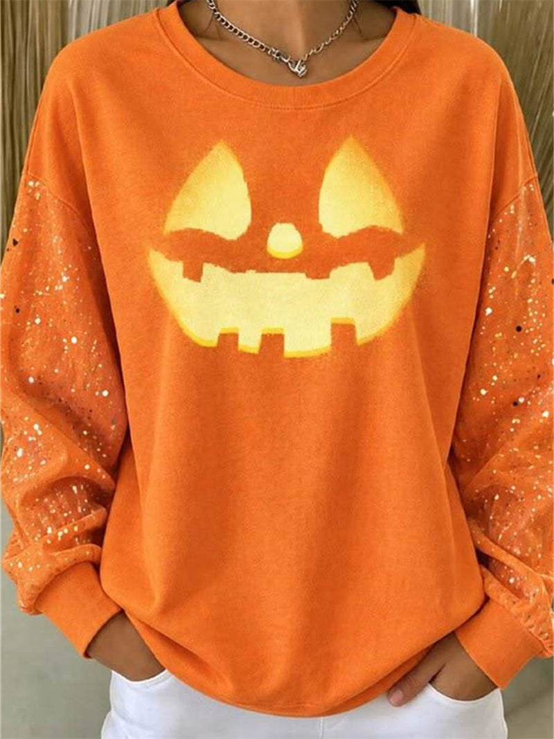 Women's Halloween Orange Pumpkin Face Print Round Neck Long Sleeve Sweatshirt
