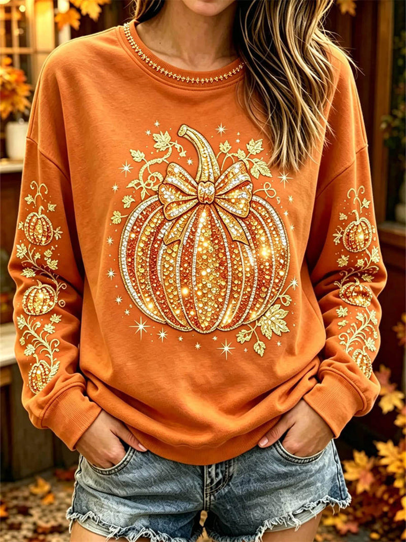 Women's Halloween Orange Pumpkin Bow Print Round Neck Long Sleeve Sweatshirt