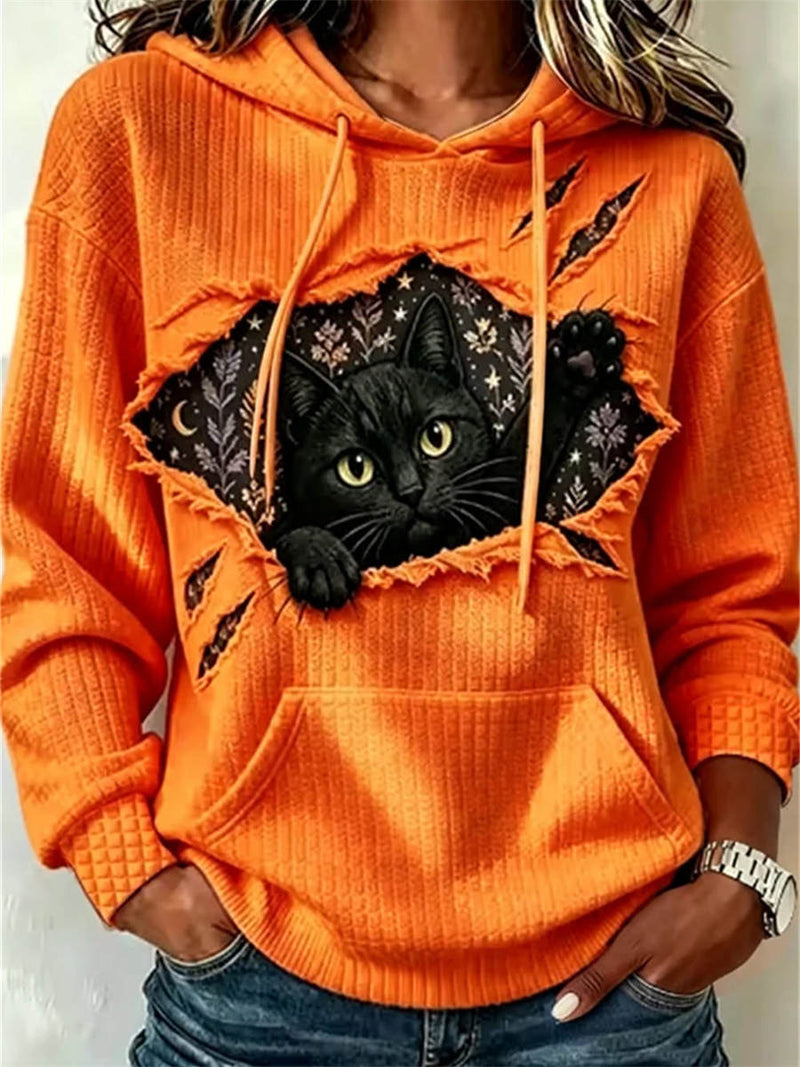 Women's Orange Cat Print Hooded Long Sleeve Hoodie