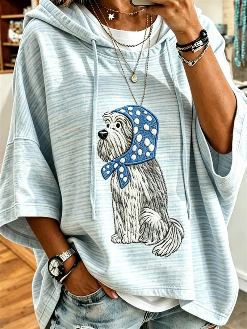 Women's Blue Striped Dog Print Hooded 3/4 Sleeve Hoodie