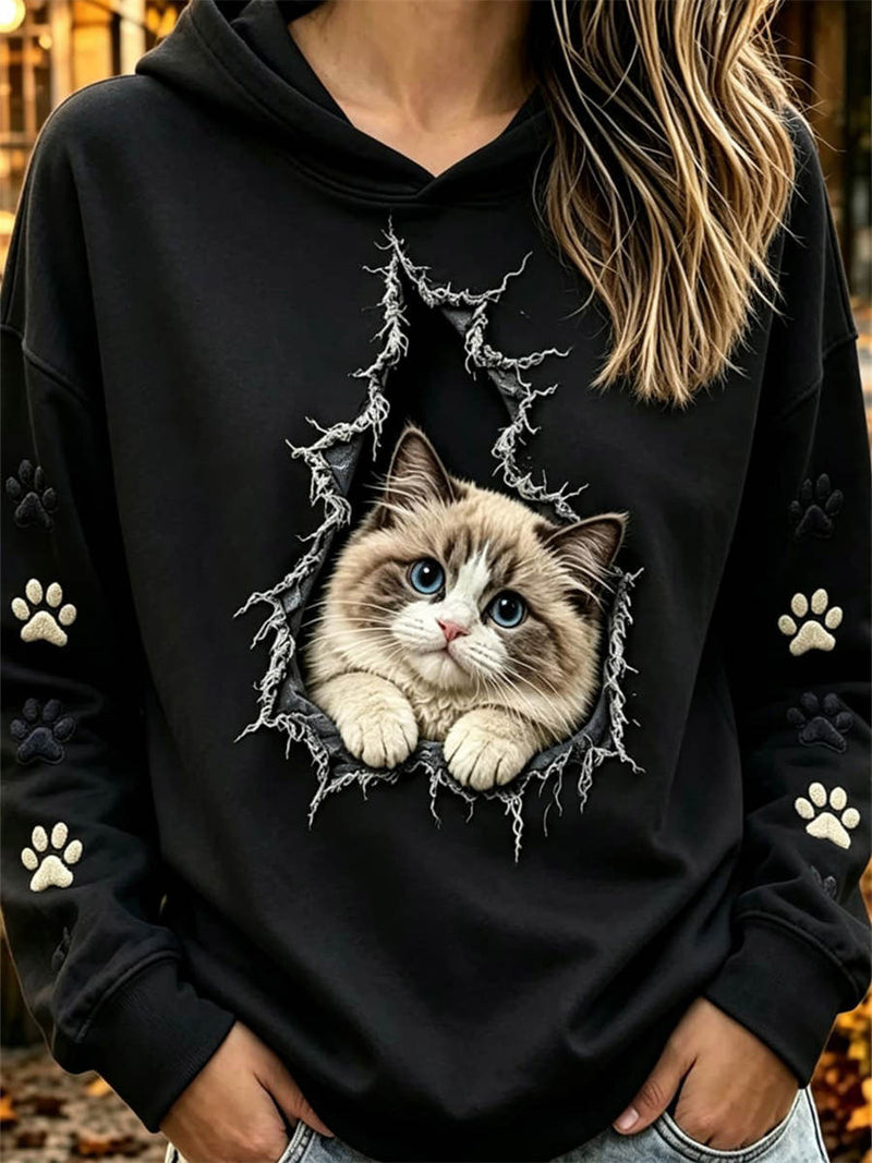 Women's Black Cat Print Hooded Long Sleeve Hoodie