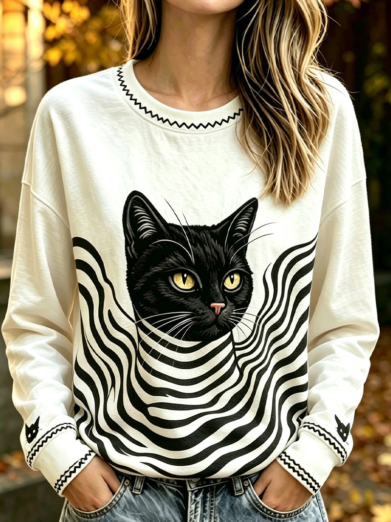 Women's White Black Cat Print Round Neck Long Sleeve Sweatshirt