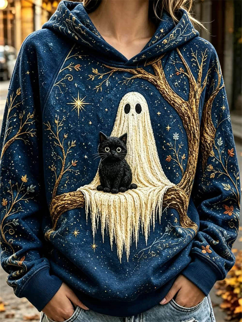 Women's Halloween Navy Ghost Cat Print Hooded Long Sleeve Hoodie