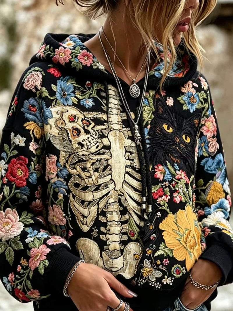 Women's Halloween Black Floral Skeleton Cat Print Hooded Long Sleeve Hoodie