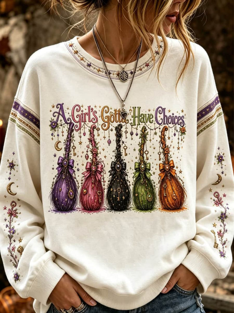 Women's Halloween White Witch Broom Print Round Neck Long Sleeve Sweatshirt
