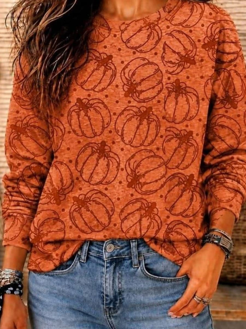 Women's Halloween Orange Pumpkin Print Round Neck Long Sleeve Sweatshirt