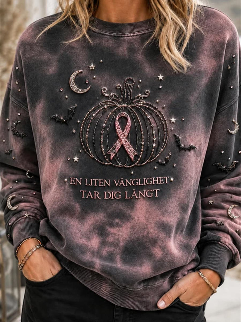 Women's Halloween Dark Grey Pumpkin Ribbon Print Round Neck Long Sleeve Sweatshirt