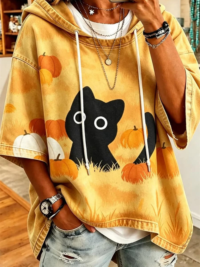 Women's Halloween Yellow Cat Pumpkin Print Hooded 3/4 Sleeve Hoodie