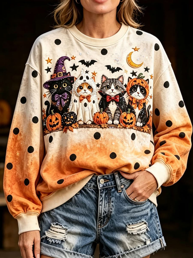 Women's Halloween Beige Cat Witch Pumpkin Print Round Neck Long Sleeve Sweatshirt
