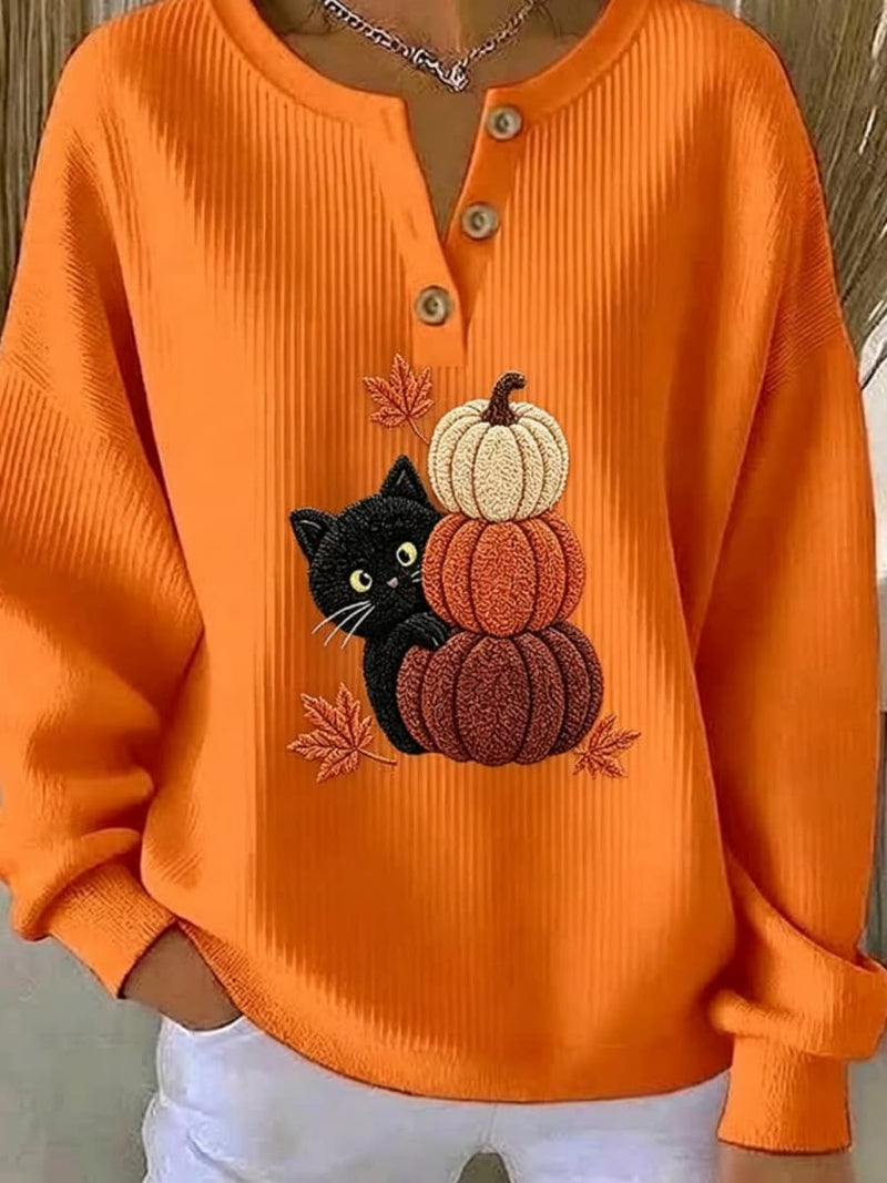 Women's Halloween Orange Cat Pumpkin Print Henley Neck Long Sleeve Sweatshirt